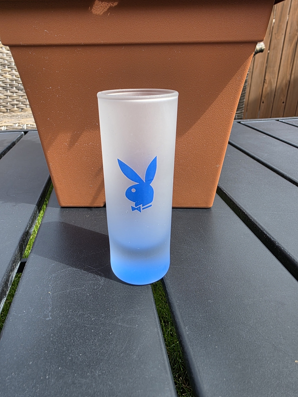 VTG Playboy Frosted Blue Ombre Tall Shooter Shot Glass Bunny Logo Barware